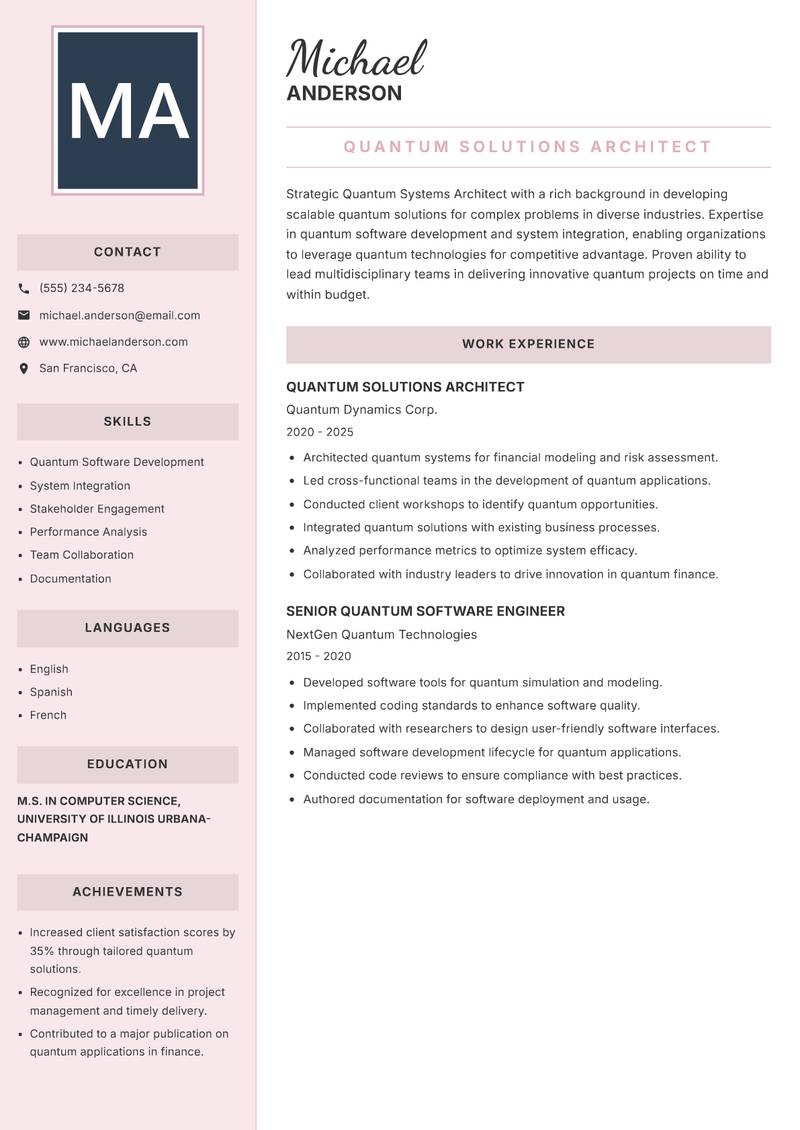 Quantum Systems Architect resume sample — Quantum Solutions Architect focus
