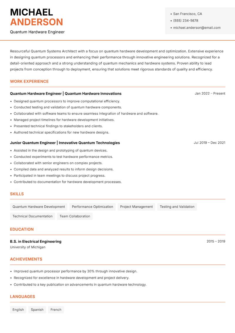 Quantum Systems Architect resume sample — Quantum Hardware Engineer focus