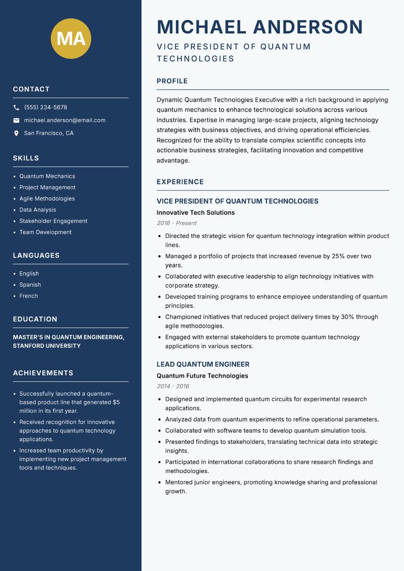Quantum Technologies Executive resume sample — Vice President of Quantum Technologies focus