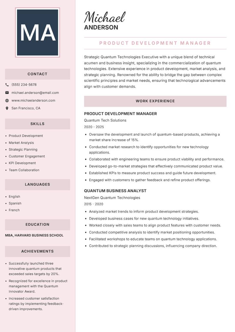 Quantum Technologies Executive resume sample — Product Development Manager focus