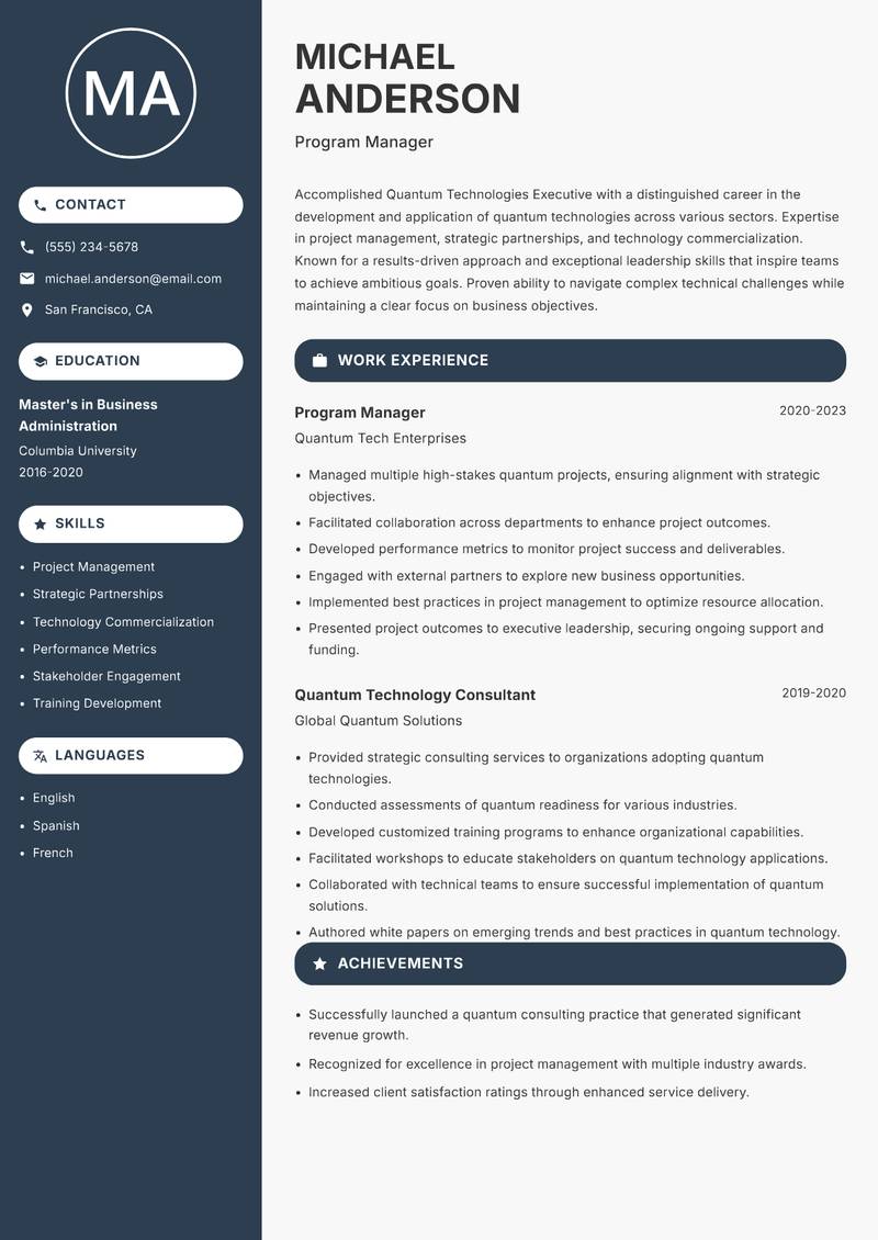 Quantum Technologies Executive resume sample — Program Manager focus