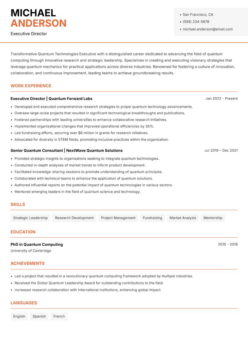 Quantum Technologies Executive resume sample — Executive Director focus