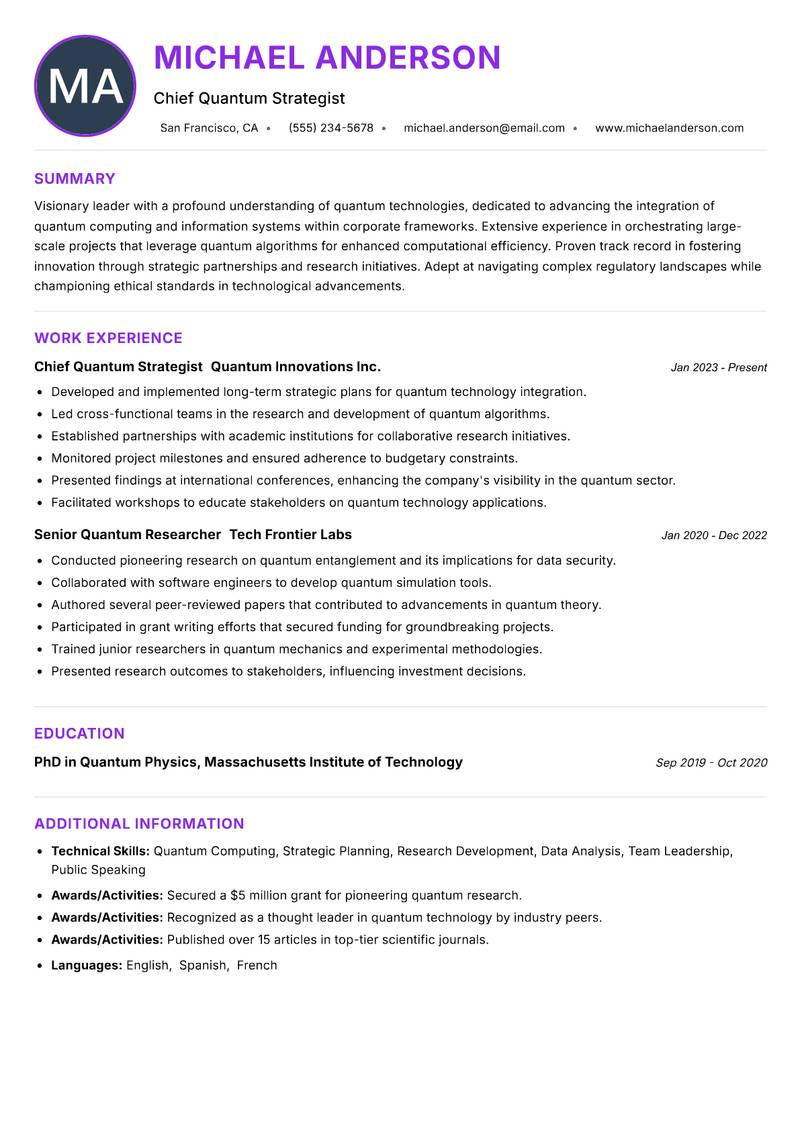 Quantum Technologies Officer resume example