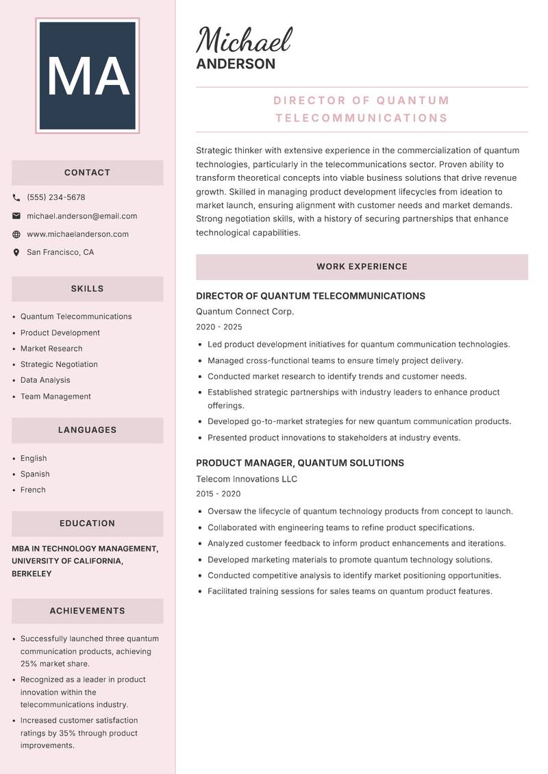 Quantum Technologies Officer resume sample — Director of Quantum Telecommunications focus