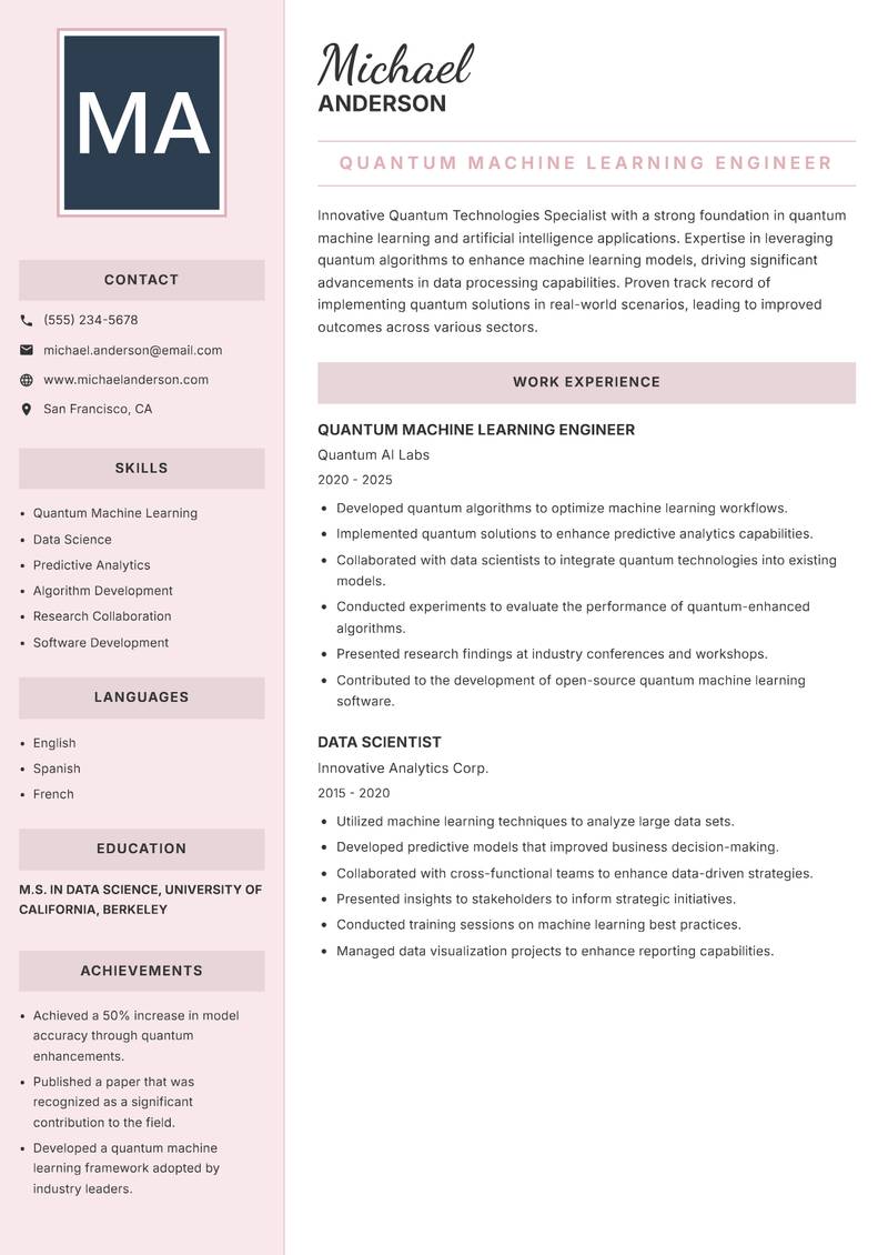 Quantum Technologies Specialist resume sample — Quantum Machine Learning Engineer focus