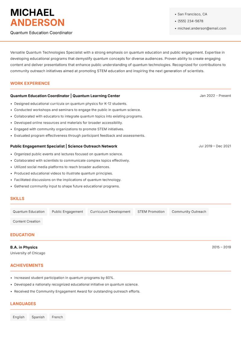 Quantum Technologies Specialist resume sample — Quantum Education Coordinator focus