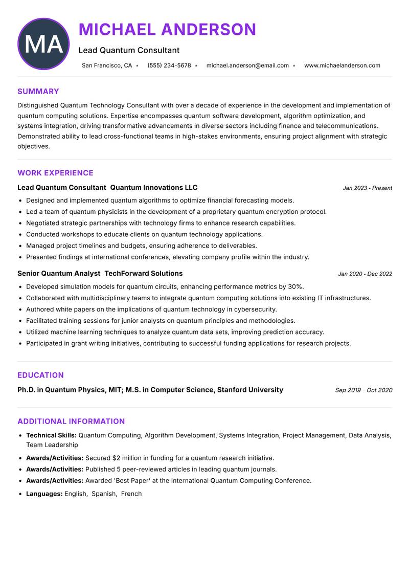 Quantum Technology Consultant resume example