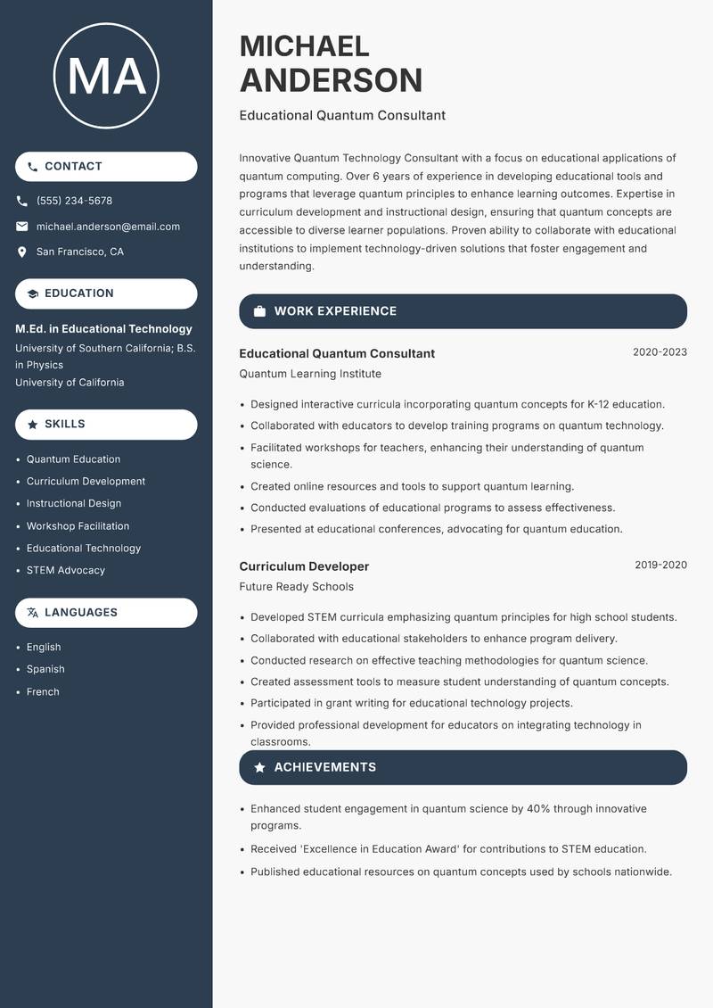 Quantum Technology Consultant resume sample — Educational Quantum Consultant focus