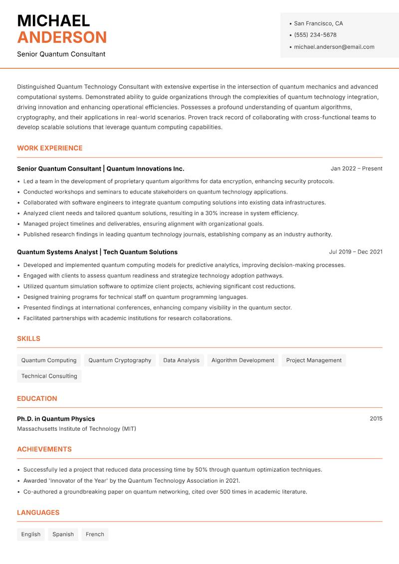 Quantum Technology Consultant resume sample — Senior Quantum Consultant focus