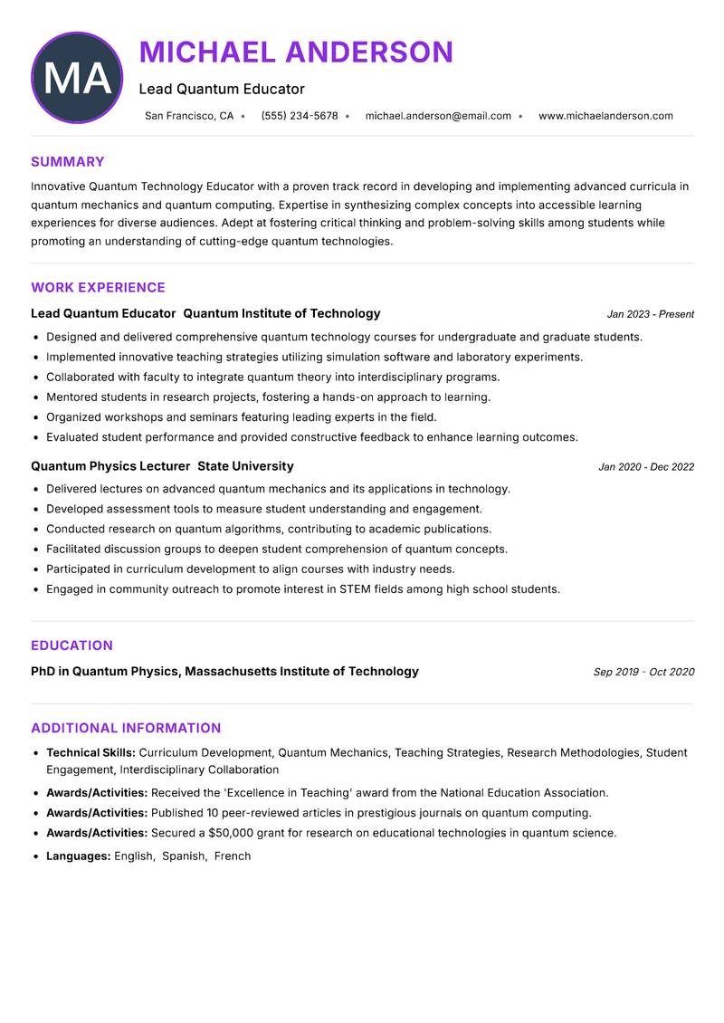 Quantum Technology Educator resume example