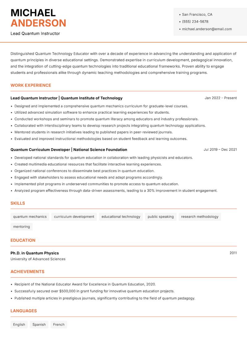 Quantum Technology Educator resume sample — Lead Quantum Instructor focus