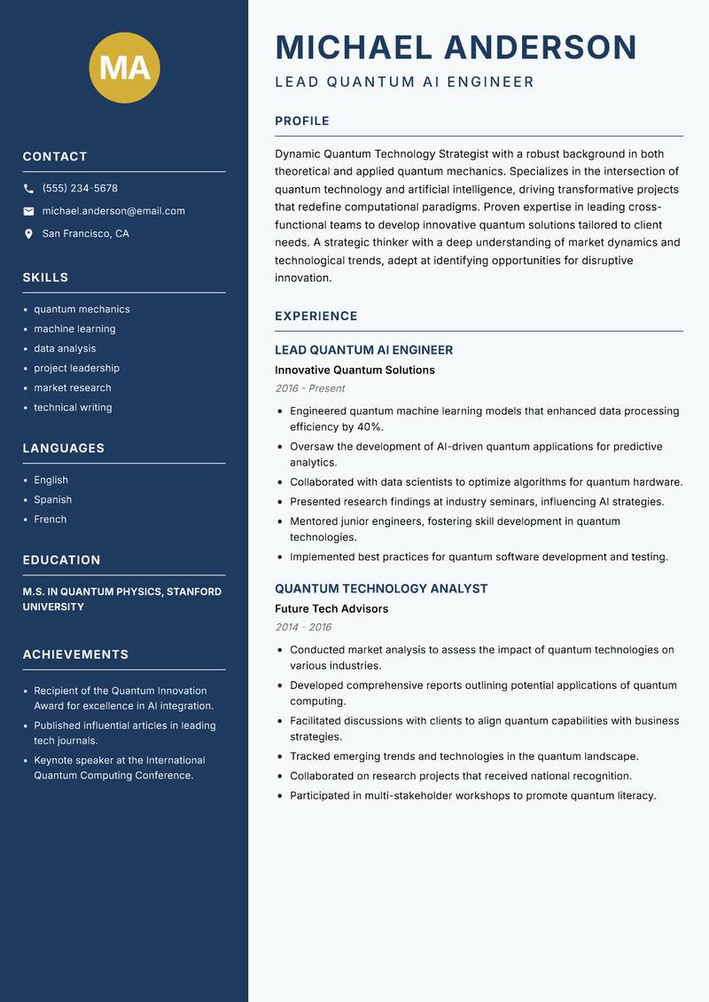 Quantum Technology Strategist resume sample — Lead Quantum AI Engineer focus