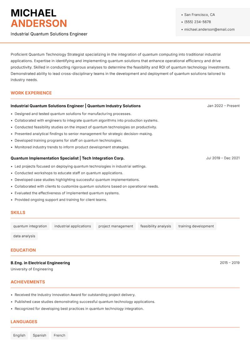 Quantum Technology Strategist resume sample — Industrial Quantum Solutions Engineer focus