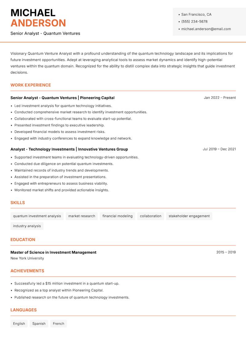 Quantum Venture Analyst resume sample — Senior Analyst - Quantum Ventures focus