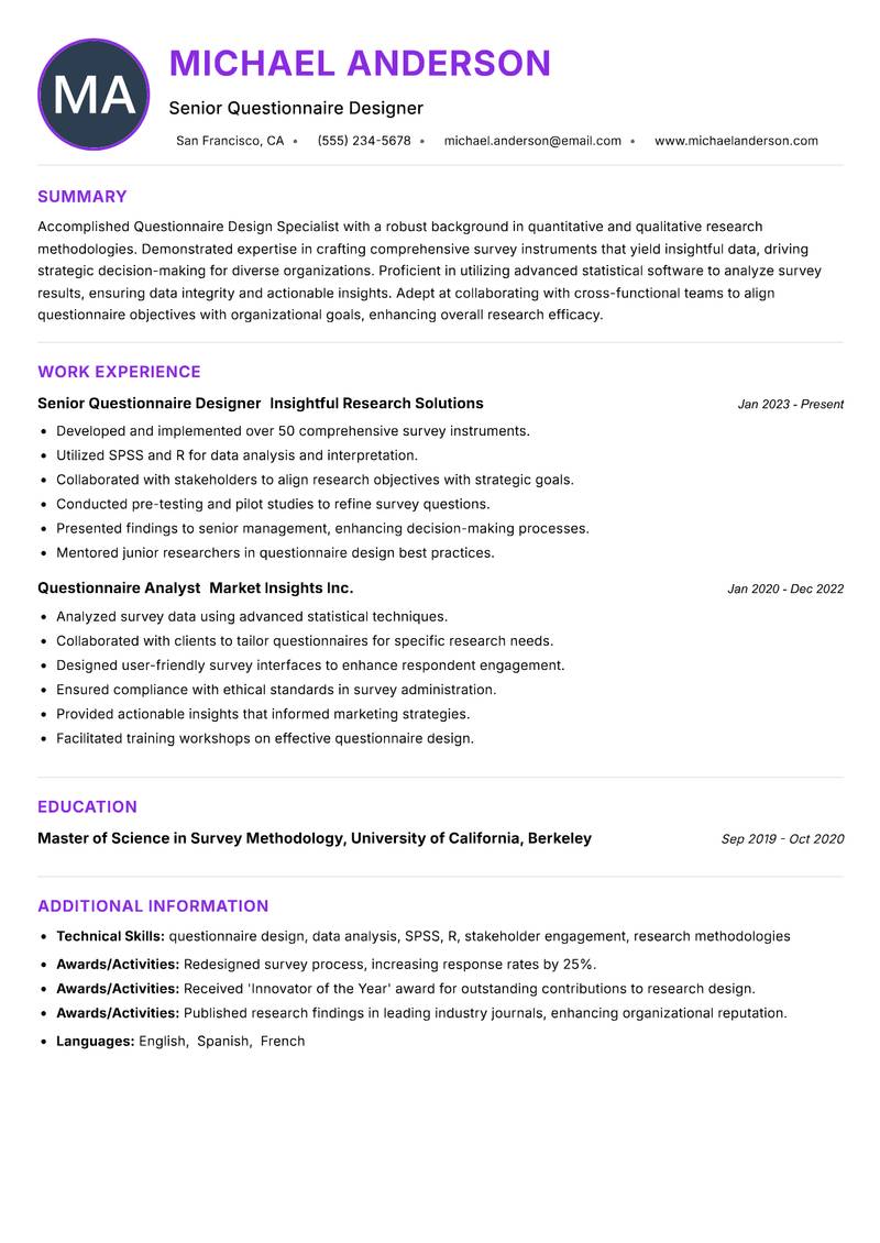 Questionnaire Design Specialist resume example