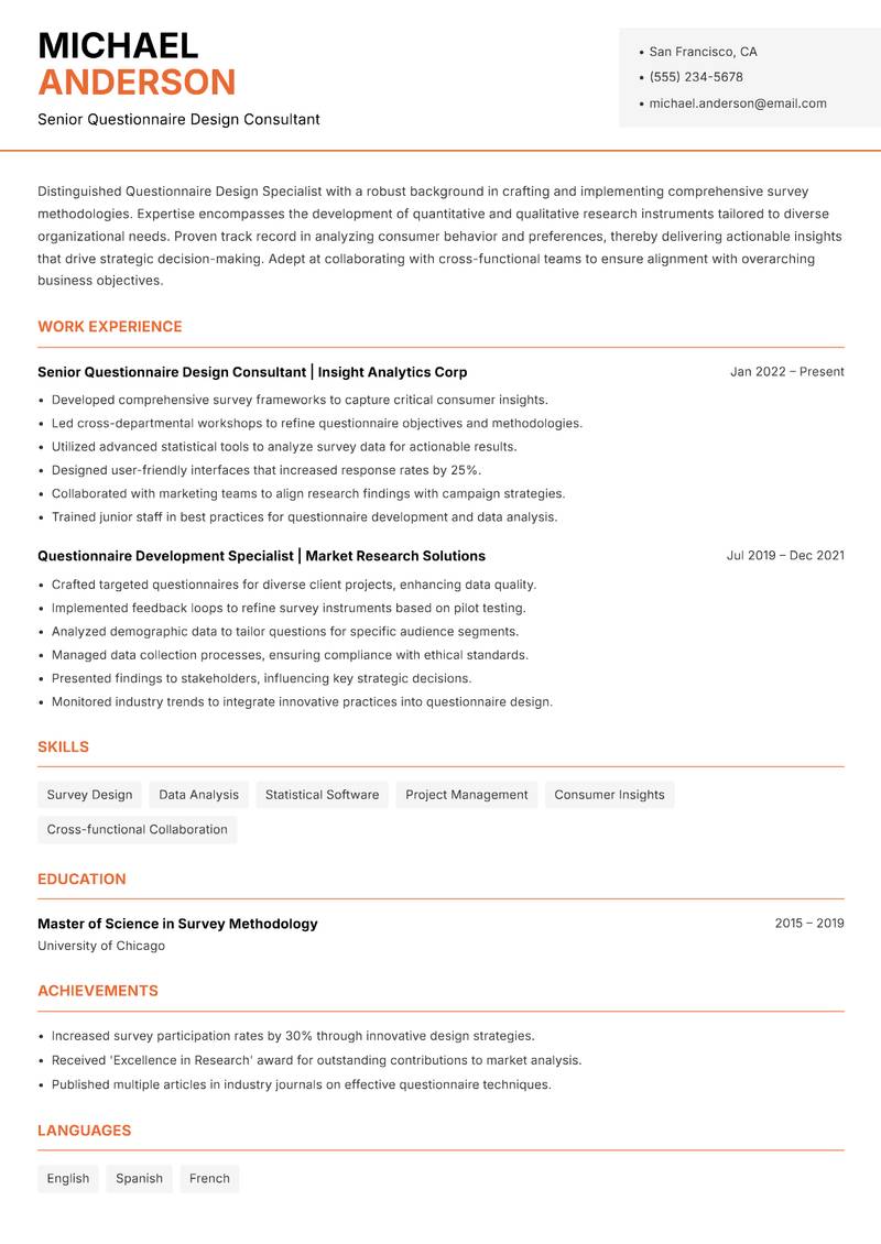 Questionnaire Design Specialist resume sample — Senior Questionnaire Design Consultant focus