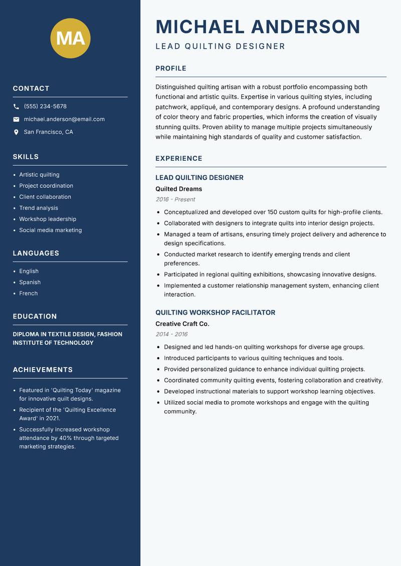 Quilting Artisan resume sample — Lead Quilting Designer focus