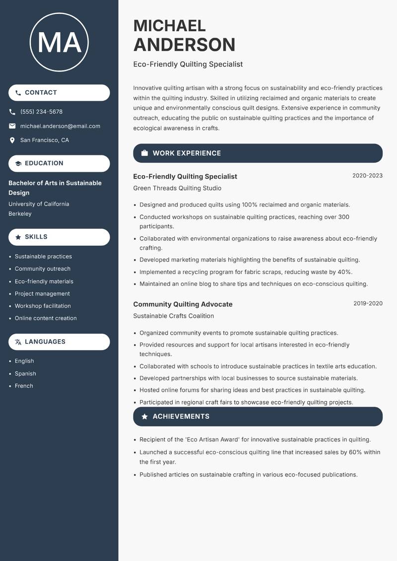 Quilting Artisan resume sample — Eco-Friendly Quilting Specialist focus