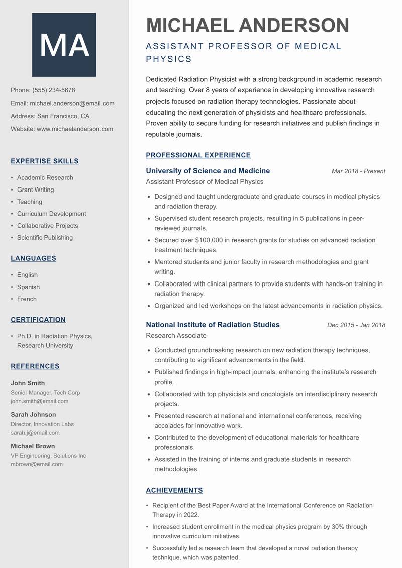 Radiation Physicist resume sample — Assistant Professor of Medical Physics focus