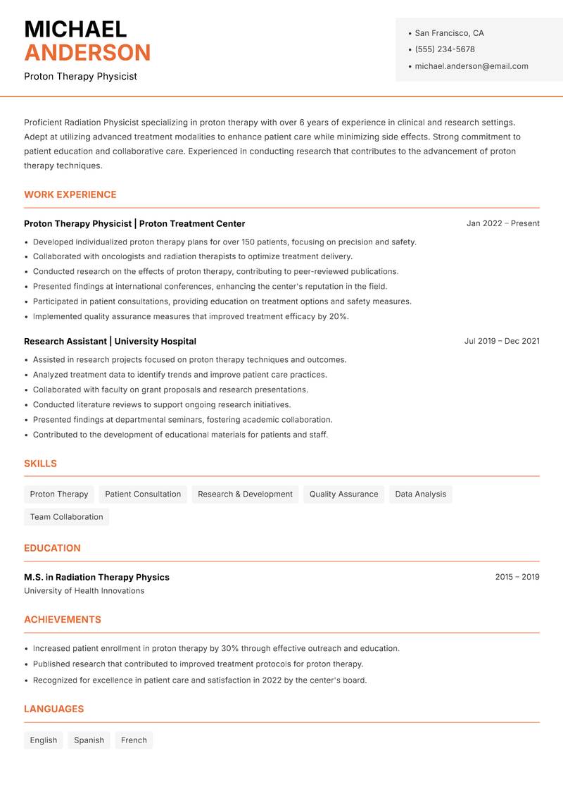 Radiation Physicist resume sample — Proton Therapy Physicist focus