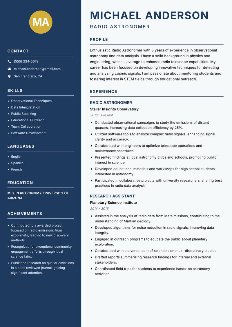 Radio Astronomer resume sample — Radio Astronomer focus