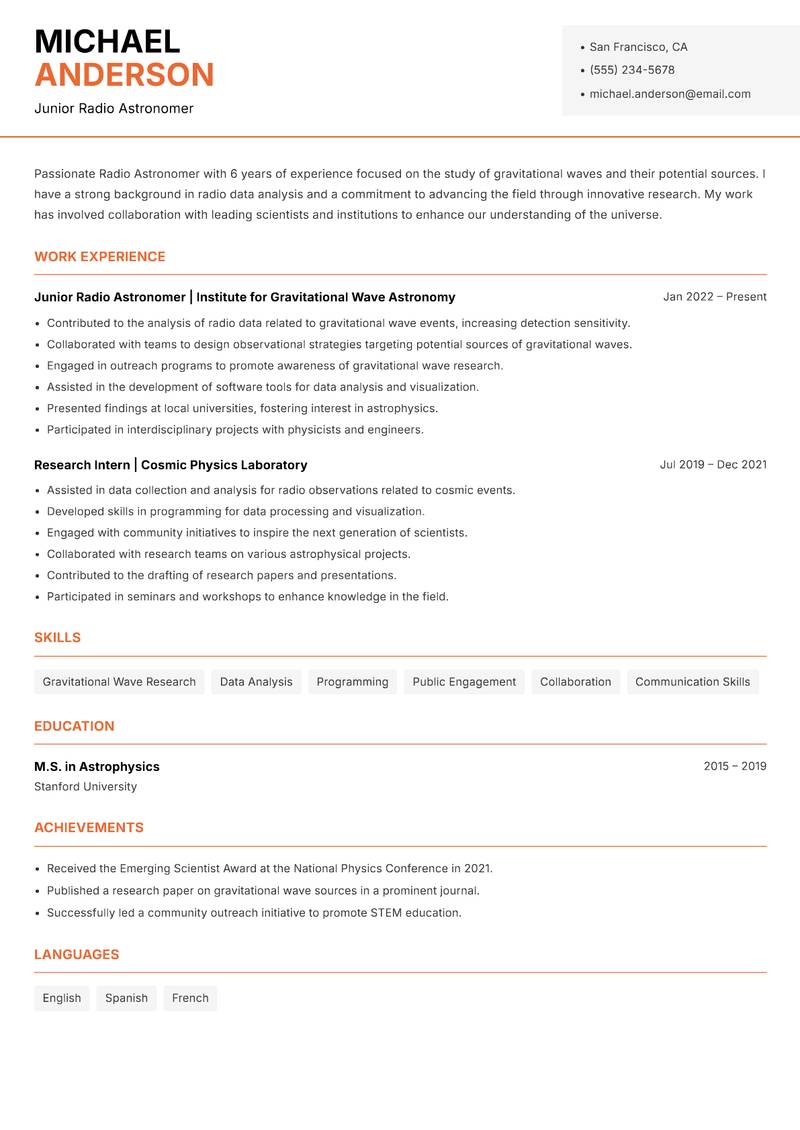 Radio Astronomer resume sample — Junior Radio Astronomer focus