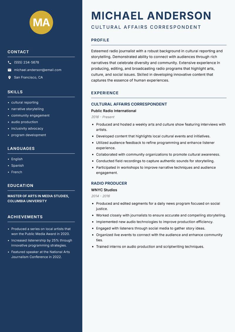 Radio Journalist resume sample — Cultural Affairs Correspondent focus