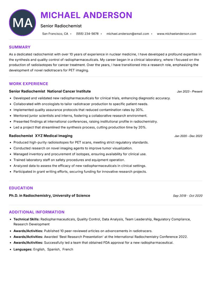 Radiochemist resume example