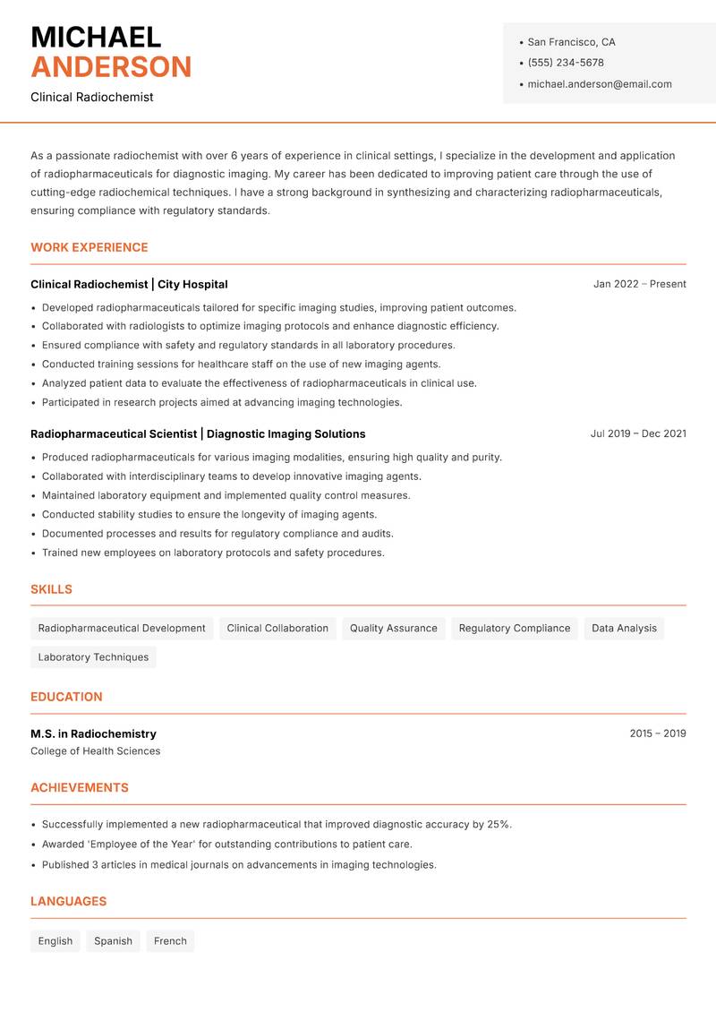 Radiochemist resume sample — Clinical Radiochemist focus