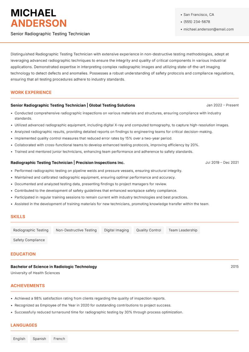 Radiographic Testing Technician resume sample — Senior Radiographic Testing Technician focus