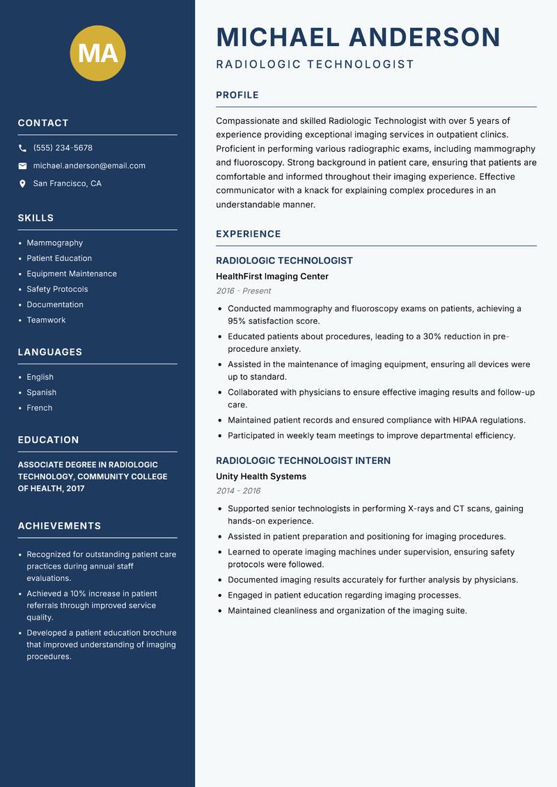 Radiologic Technologist resume sample — Radiologic Technologist focus