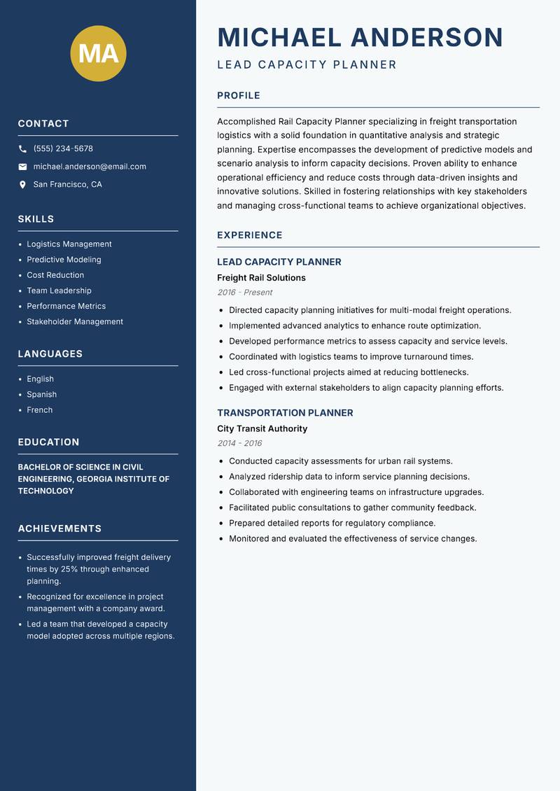 Rail Capacity Planner resume sample — Lead Capacity Planner focus