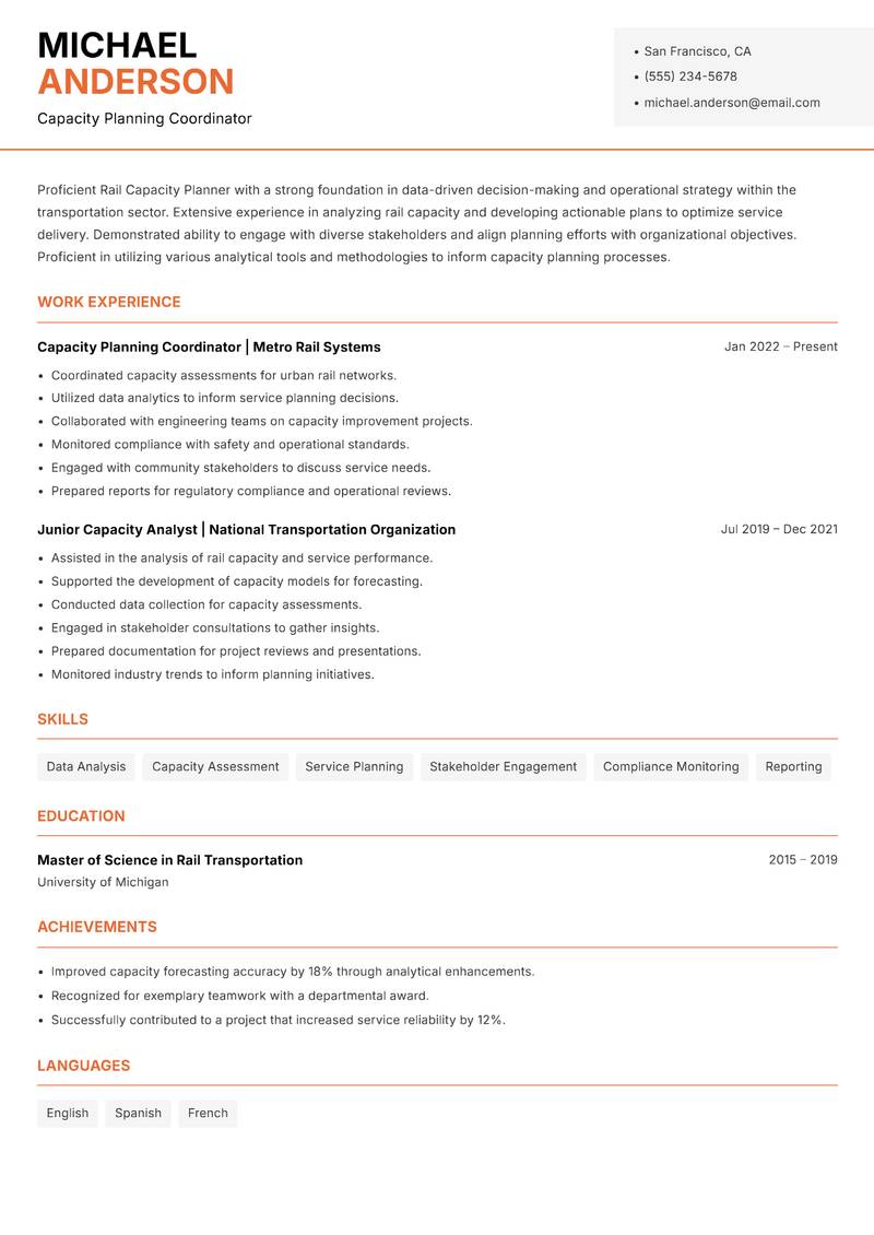 Rail Capacity Planner resume sample — Capacity Planning Coordinator focus