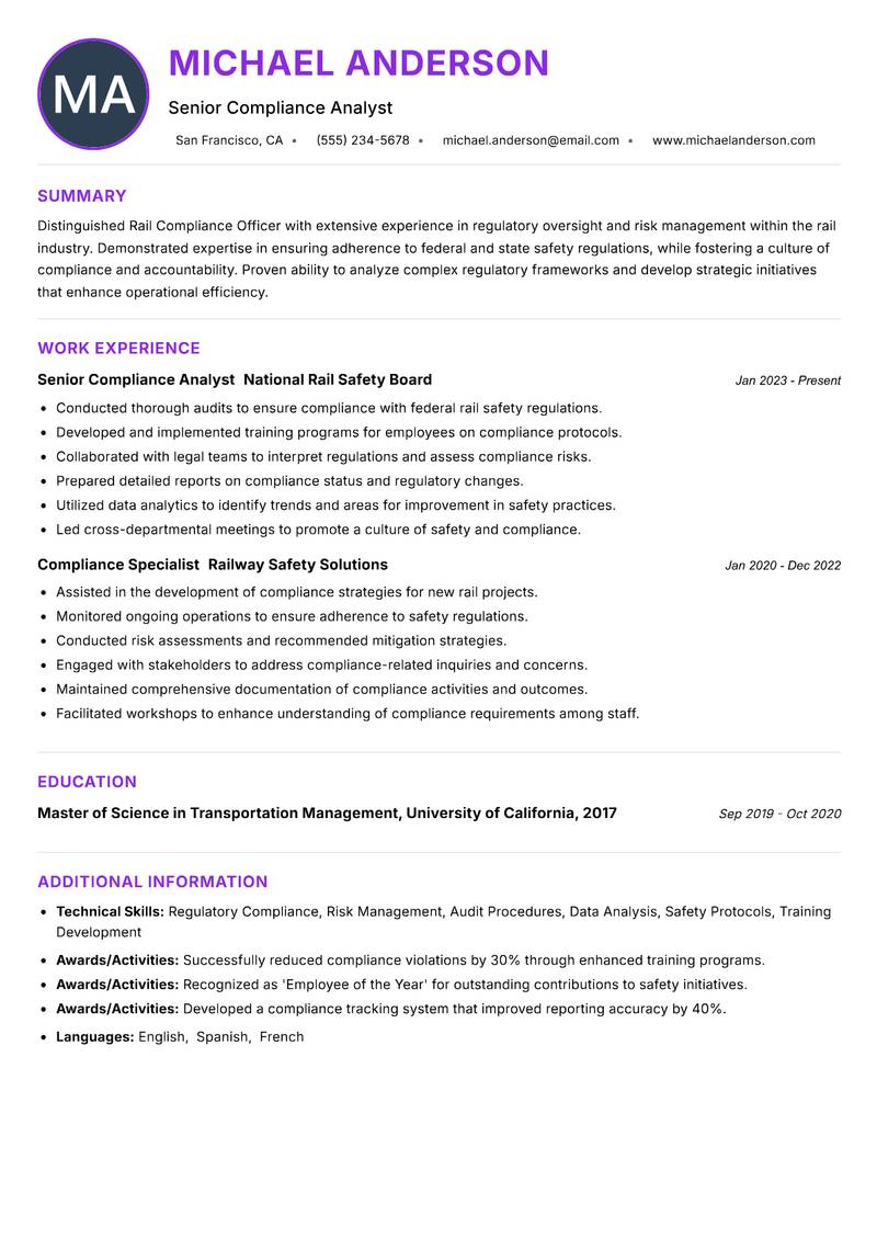 Rail Compliance Officer resume example
