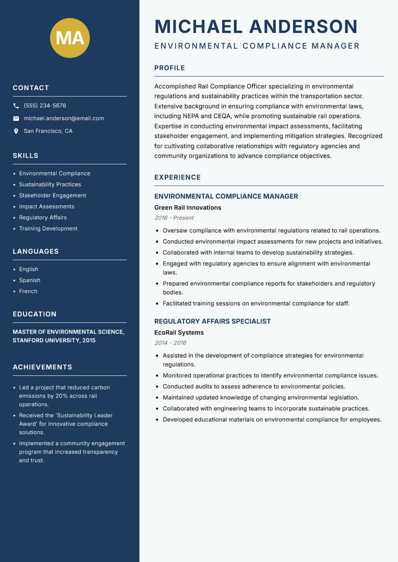 Rail Compliance Officer resume sample — Environmental Compliance Manager focus