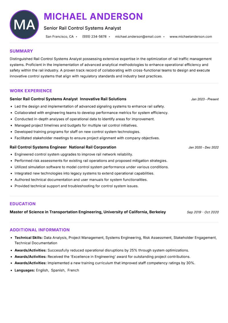 Rail Control Systems Analyst resume example