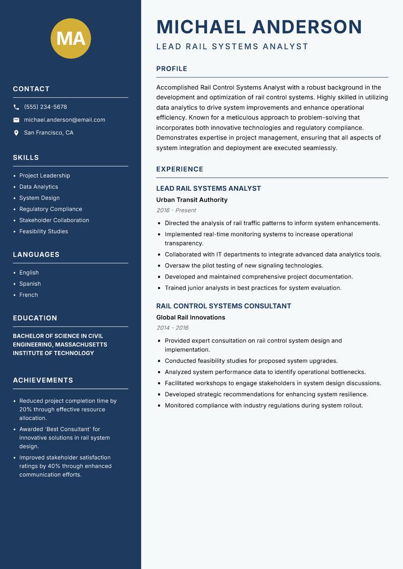 Rail Control Systems Analyst resume sample — Lead Rail Systems Analyst focus