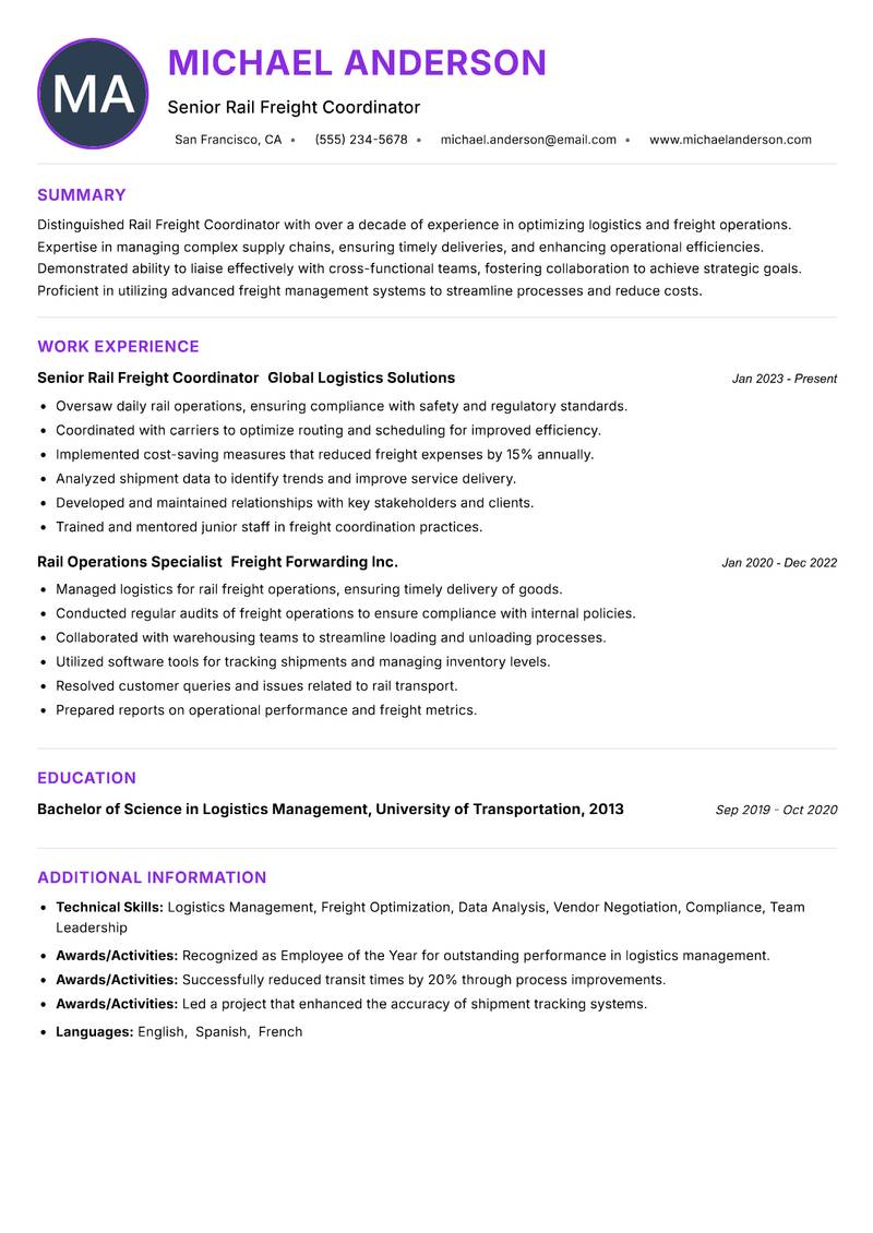 Rail Freight Coordinator resume example