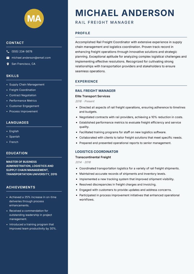 Rail Freight Coordinator resume sample — Rail Freight Manager focus