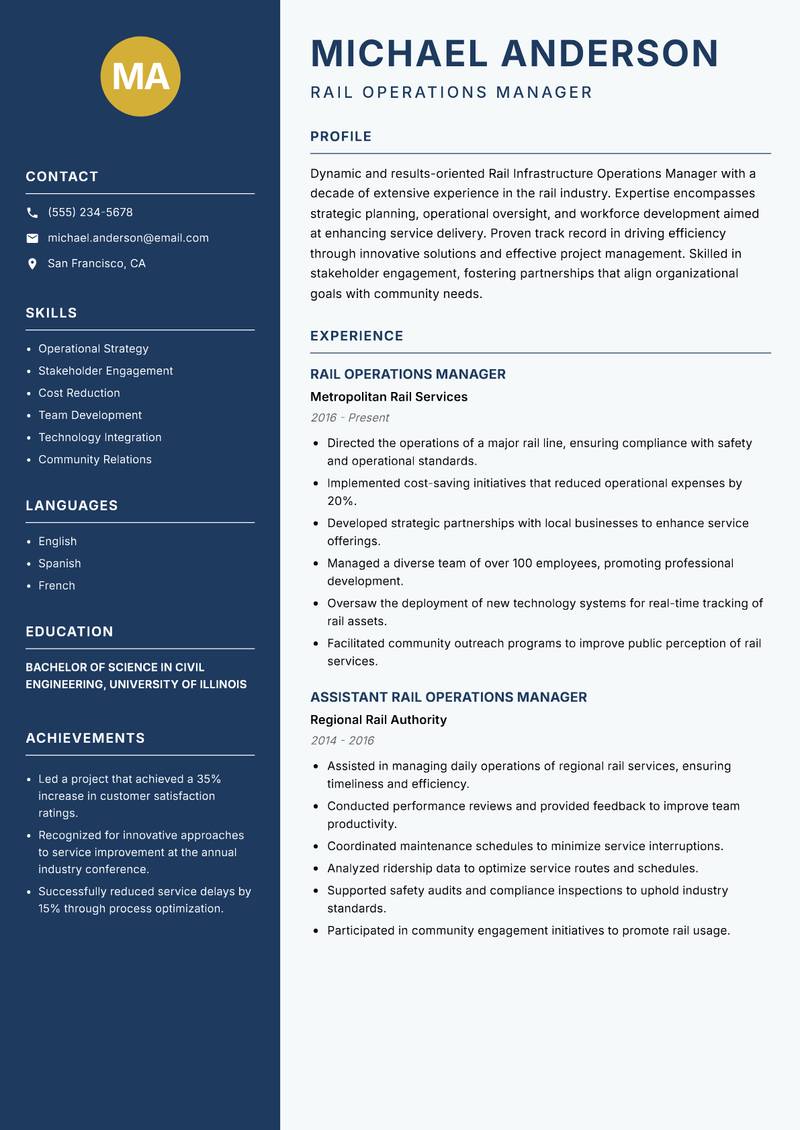 Rail Infrastructure Operations Manager resume sample — Rail Operations Manager focus