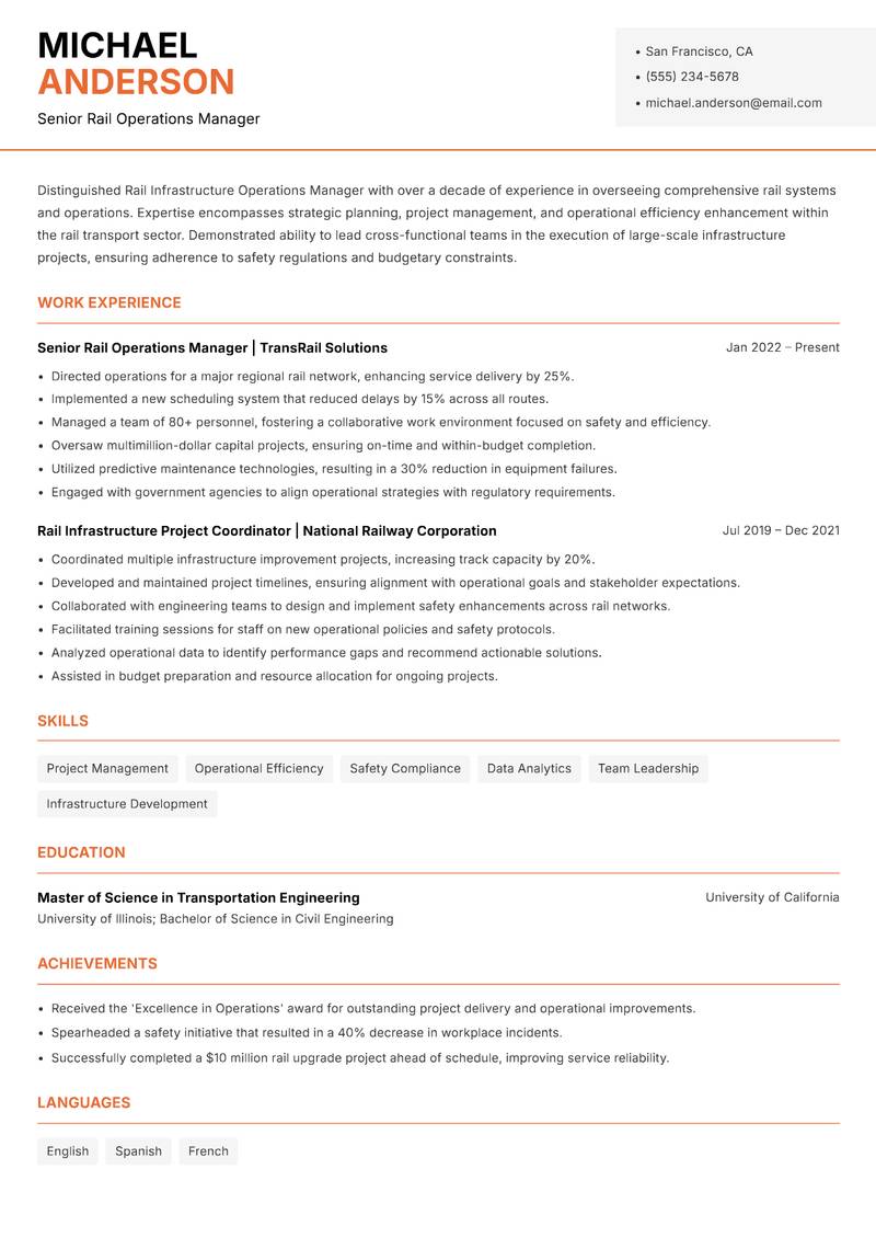 Rail Infrastructure Operations Manager resume sample — Senior Rail Operations Manager focus