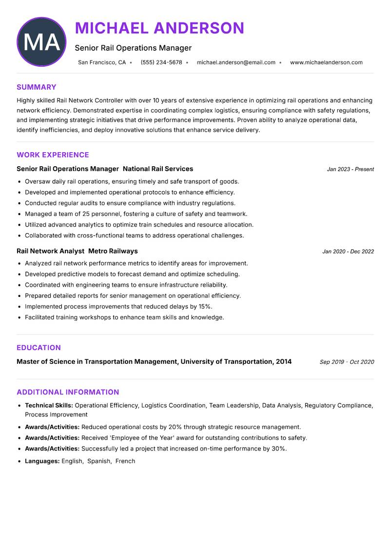 Rail Network Controller resume example