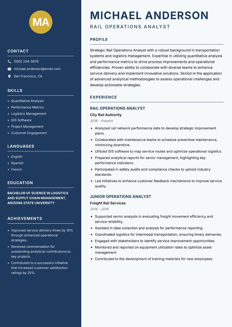Rail Operations Analyst resume sample — Rail Operations Analyst focus