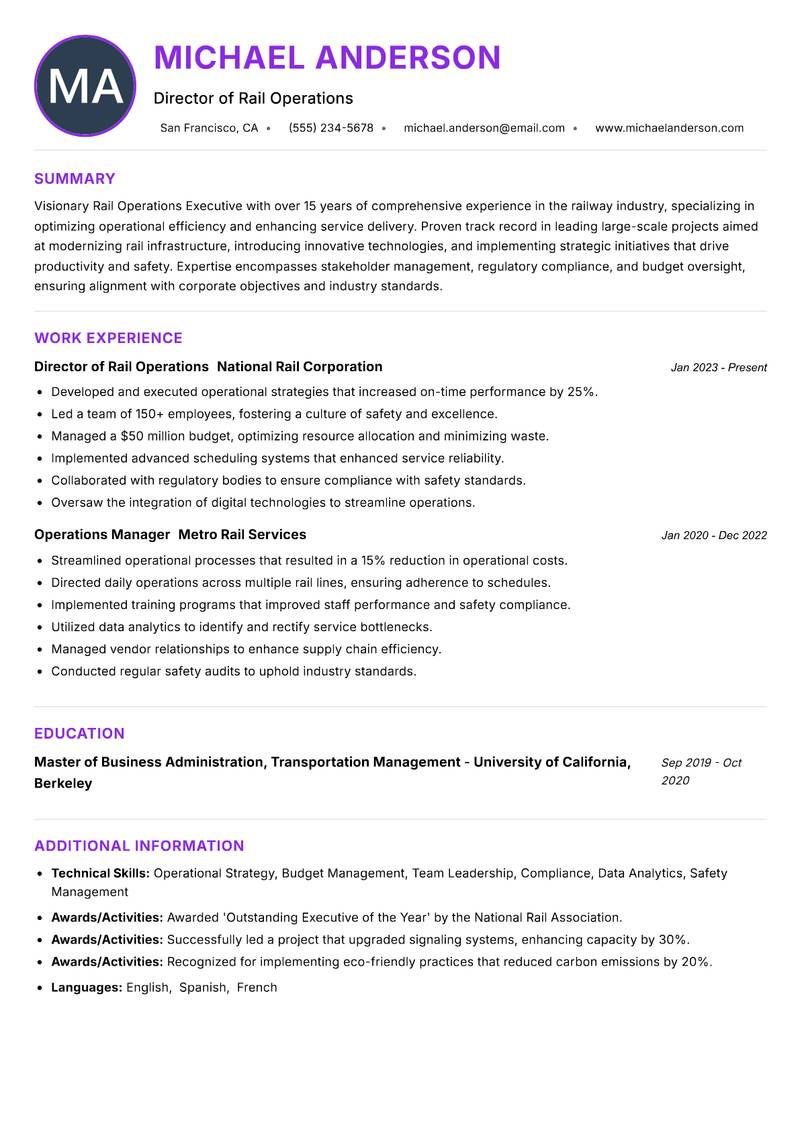 Rail Operations Executive resume example