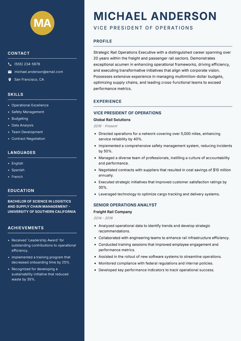 Rail Operations Executive resume sample — Vice President of Operations focus