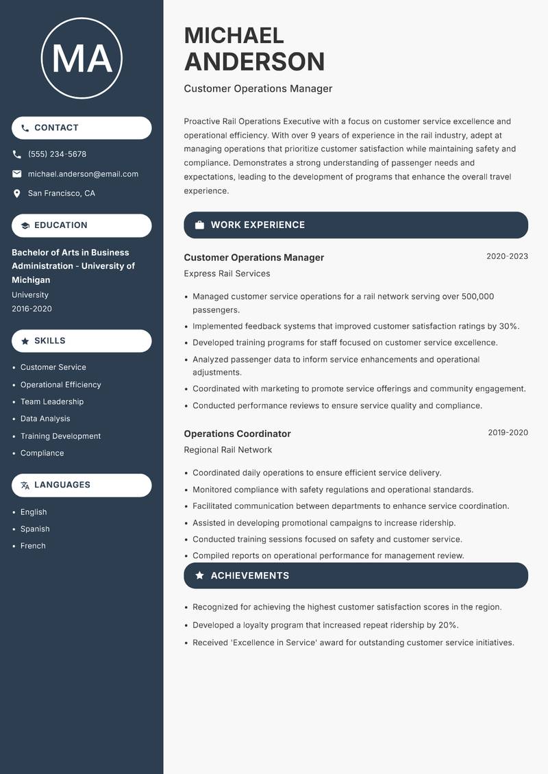 Rail Operations Executive resume sample — Customer Operations Manager focus