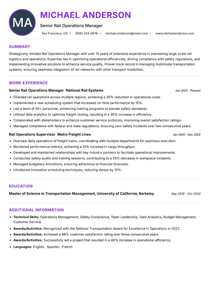 Rail Operations Manager resume example