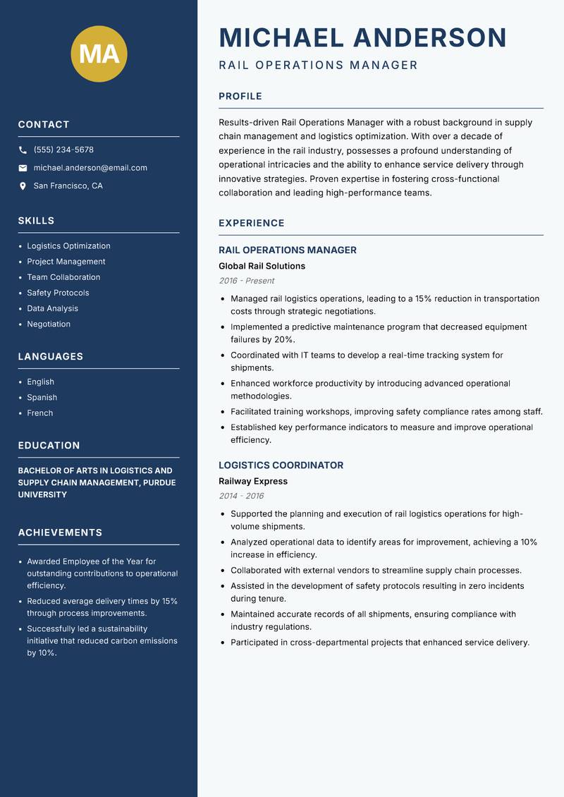 Rail Operations Manager resume sample — Rail Operations Manager focus