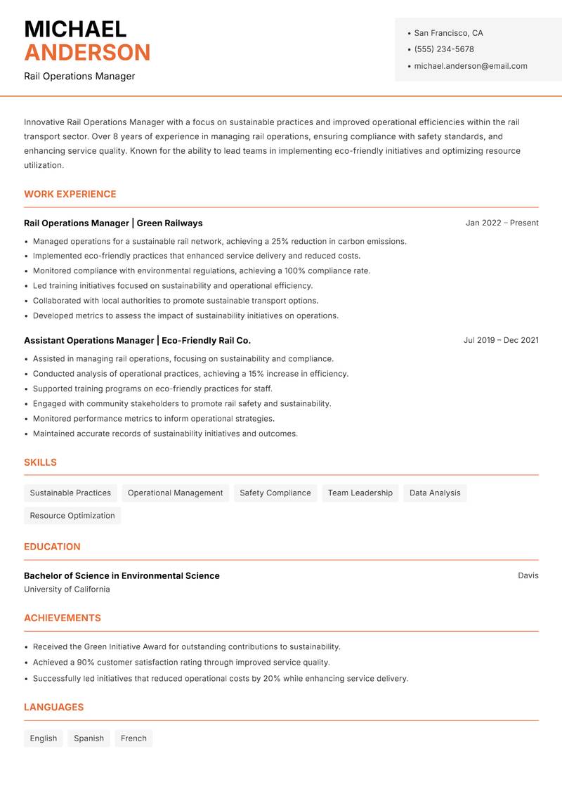 Rail Operations Manager resume sample — Rail Operations Manager focus