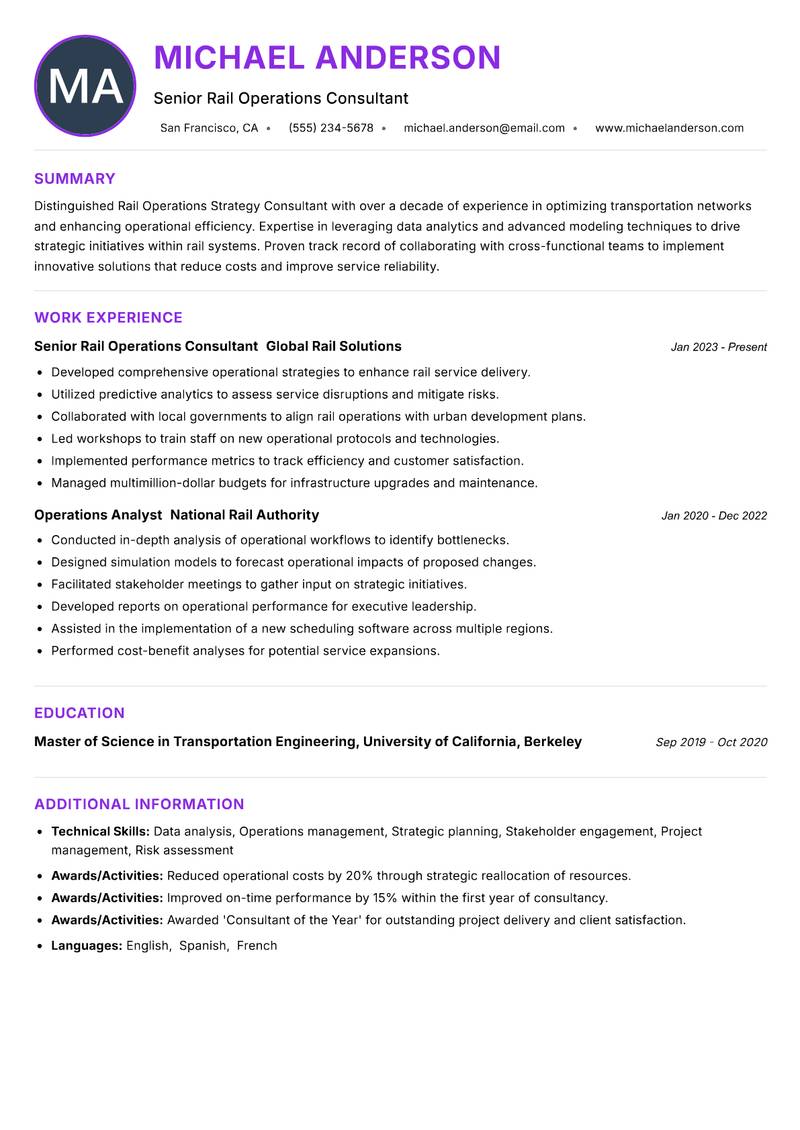 Rail Operations Strategy Consultant resume example
